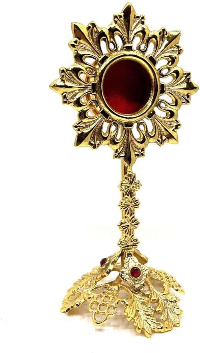 Solid Brass Reliquary with Ornate Base and Studded Beads - Monstrance Catholic - Small Reliquary for Relics - Relicarios Custodias Catolicos - Custodia - Relicario - without Luna