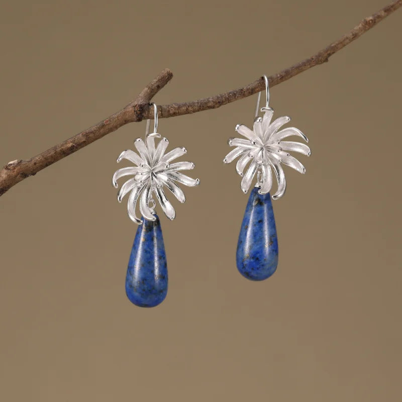 Real 925 Sterling Silver Natural Stones Handmade Jewlery Elegant Chrysanthemu Drop Earrings