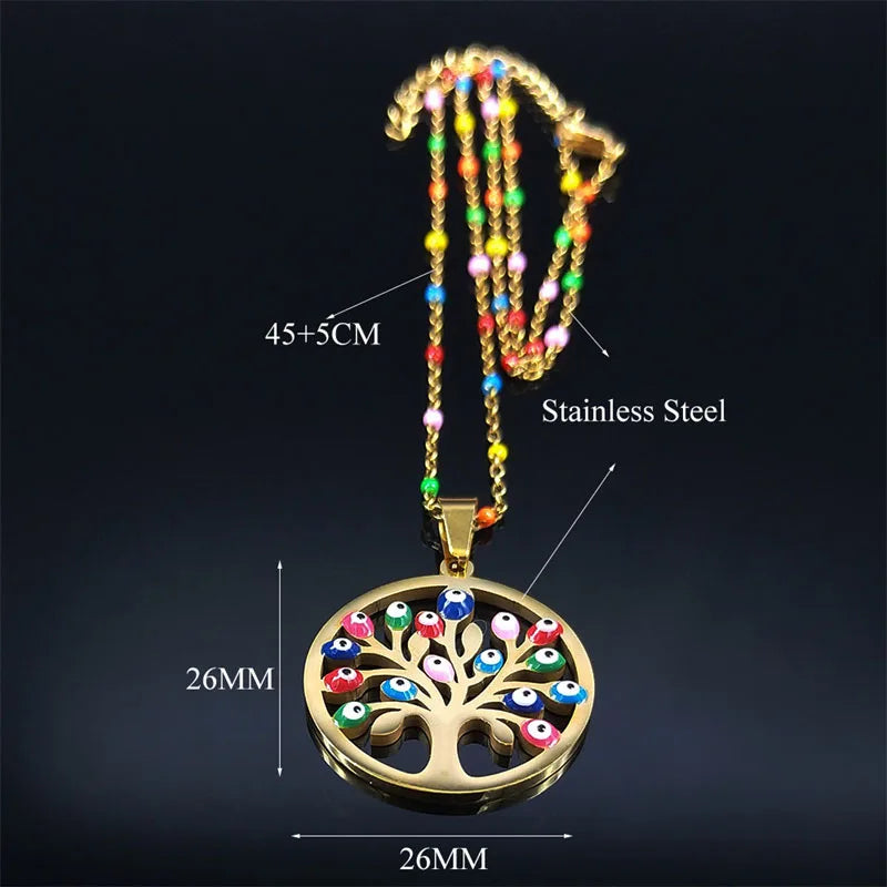Bohemian Colorful Turkey Eyes Stainless Steel Tree of Life Chain Necklace Gold Color Necklaces Jewelry Arbre De Vie N5210S04