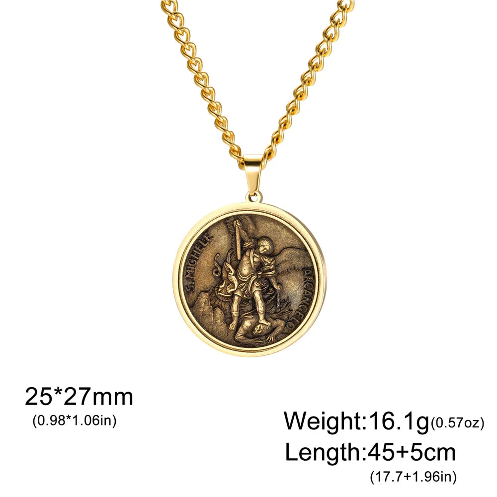 St. Michael Archangel Necklace Vintage Embossed Brass Medal Necklace Catholic Protection Amulet Men Religious Pendant Jewelry