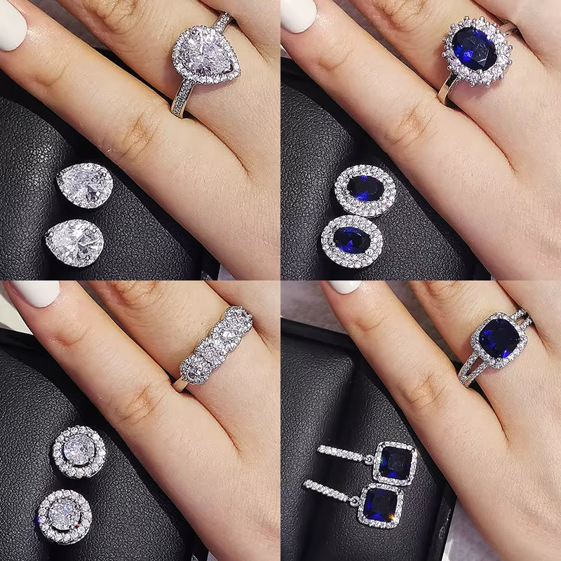 India Turkish Luxury Fashion Pink Blue Silver Color Jewelry Set for Wedding Women Dubai Ring Earring Party Gift Jewlery Z8