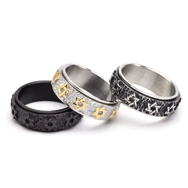 8Mm Vintage Star of David Spinner Ring Hexagram Jewish Six Pointed Rotable Fidget Stainless Steel Rings Relieve Stress Men Women