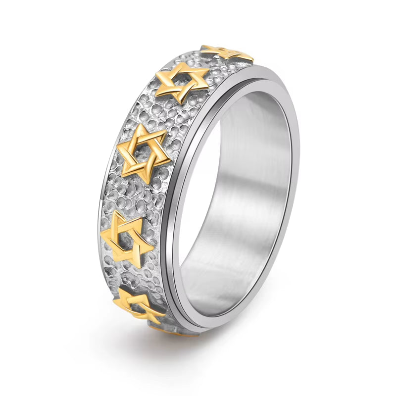8Mm Vintage Star of David Spinner Ring Hexagram Jewish Six Pointed Rotable Fidget Stainless Steel Rings Relieve Stress Men Women