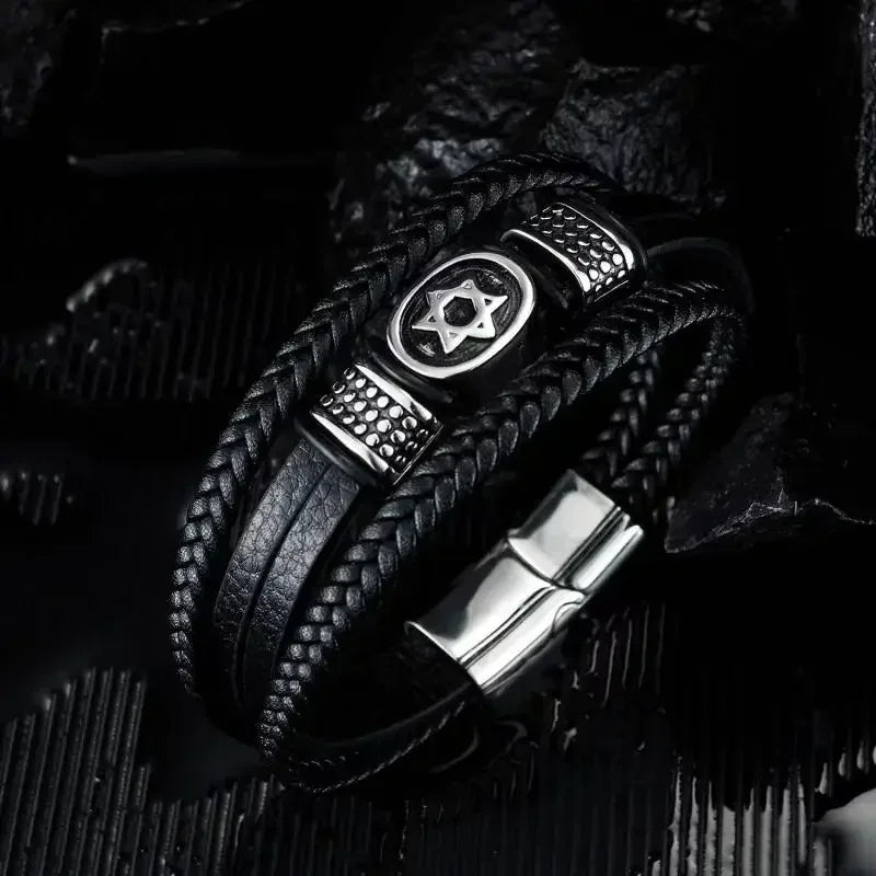 Fashion Star of David Multilayer Leather Braided Bracelet with Magnetic Clasp Men\\\\\\\'S Vintage Judaica Amulet Jewelry