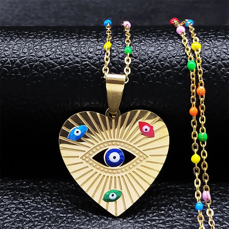 Bohemian Colorful Turkey Eyes Stainless Steel Tree of Life Chain Necklace Gold Color Necklaces Jewelry Arbre De Vie N5210S04