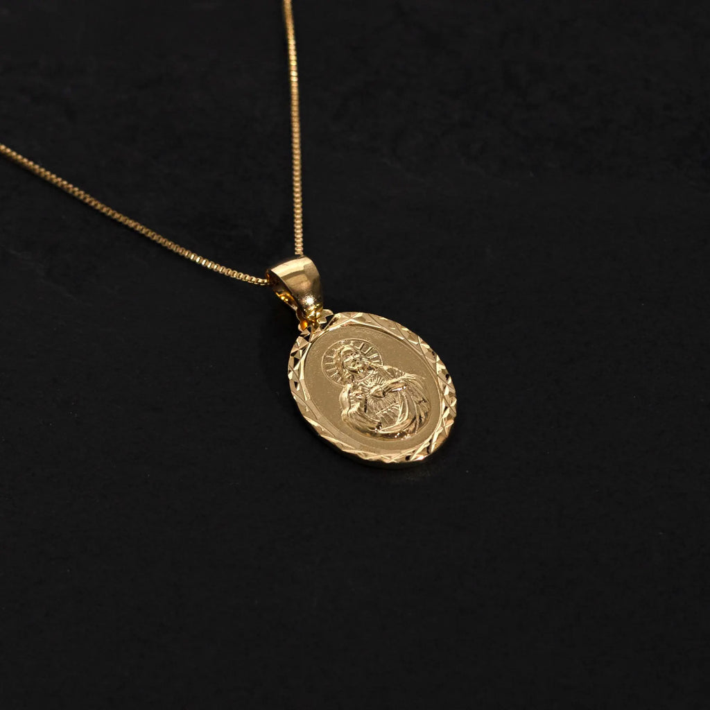 18K Gold Filled Sacred Heart of Jesus Medallion Pendant Necklace Religious Medal Gift Jewelry