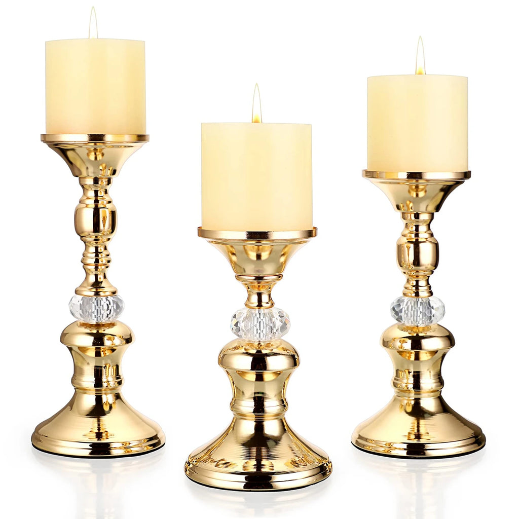 Gold Metal Pillar Candlestick Holders Vintage Pillar Candle Holders Elegant Metal Crystal Pillar Candle Stands