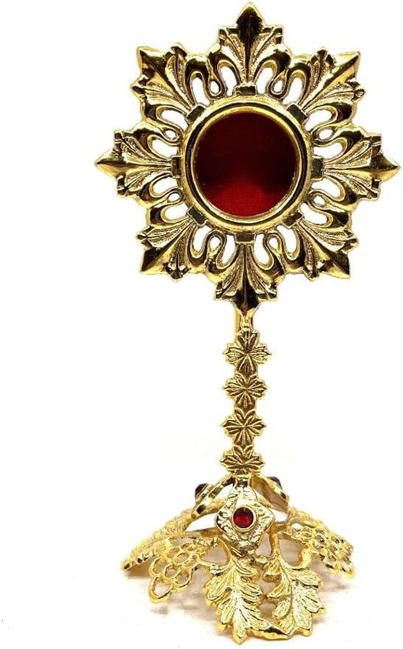 Solid Brass Reliquary with Ornate Base and Studded Beads - Monstrance Catholic - Small Reliquary for Relics - Relicarios Custodias Catolicos - Custodia - Relicario - without Luna