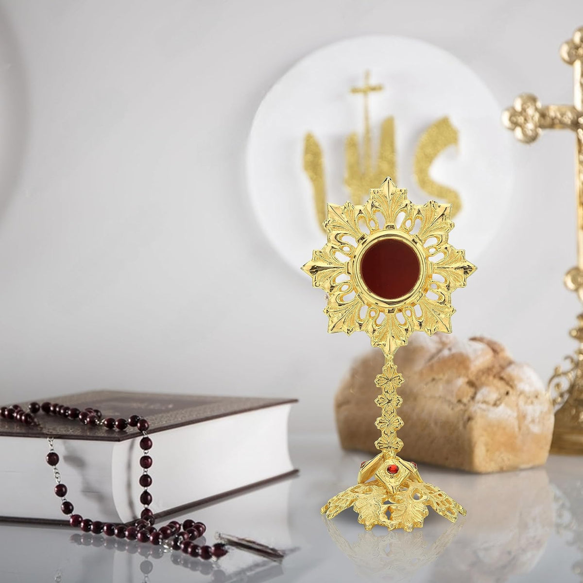 Solid Brass Reliquary with Ornate Base and Studded Beads - Monstrance Catholic - Small Reliquary for Relics - Relicarios Custodias Catolicos - Custodia - Relicario - without Luna