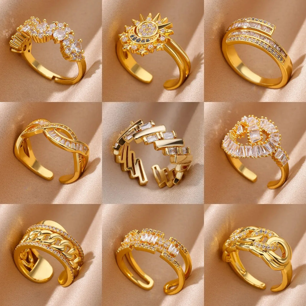 Zircon Geometric Rings for Women Stainless Steel Open Luxury Gold Color Wedding Couple Ring Party Jewlery Accessories Anillos