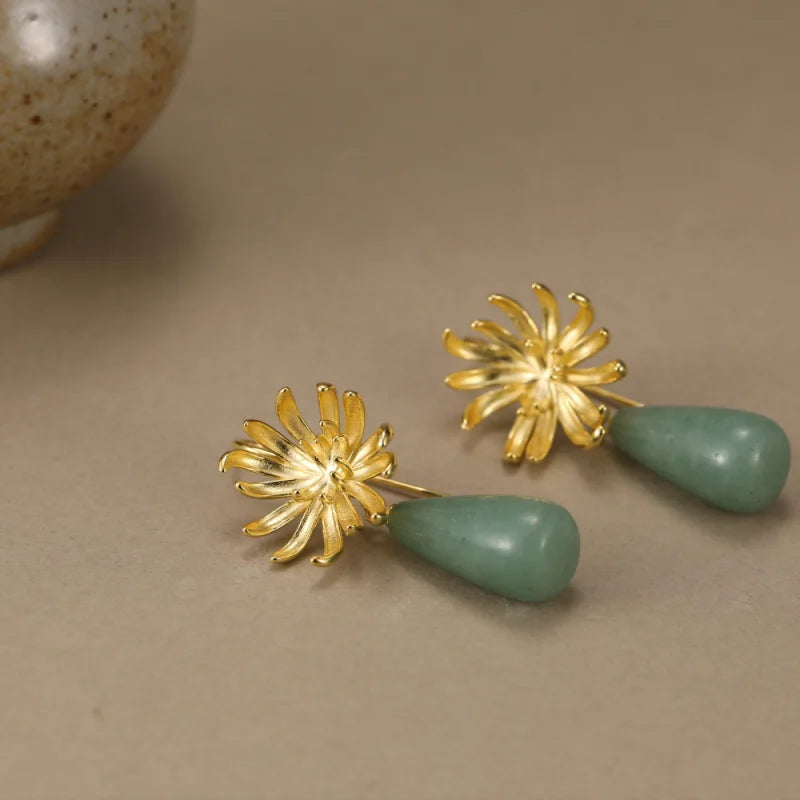 Real 925 Sterling Silver Natural Stones Handmade Jewlery Elegant Chrysanthemu Drop Earrings