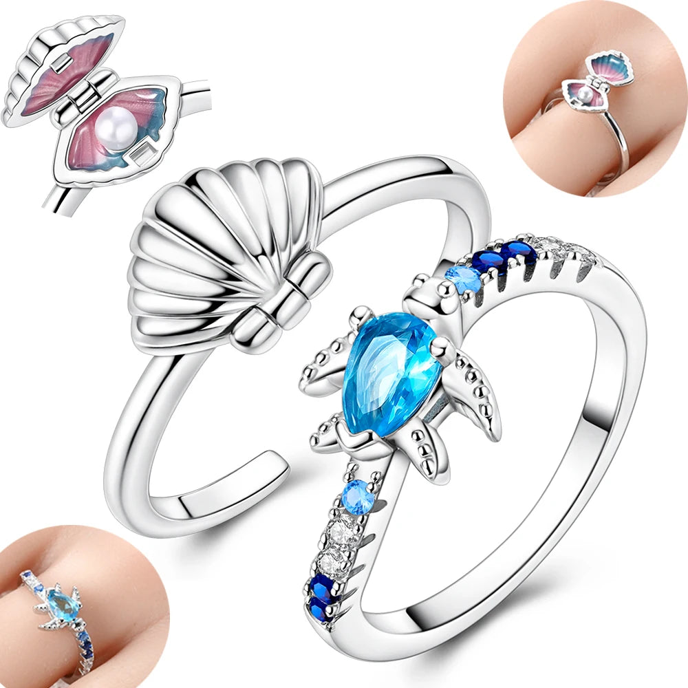Summer New 925 Sterling Silver Openable Pearl Shell Rings Charms Fit DIY Finger Women Party Travel Jewelry Gift for Girl