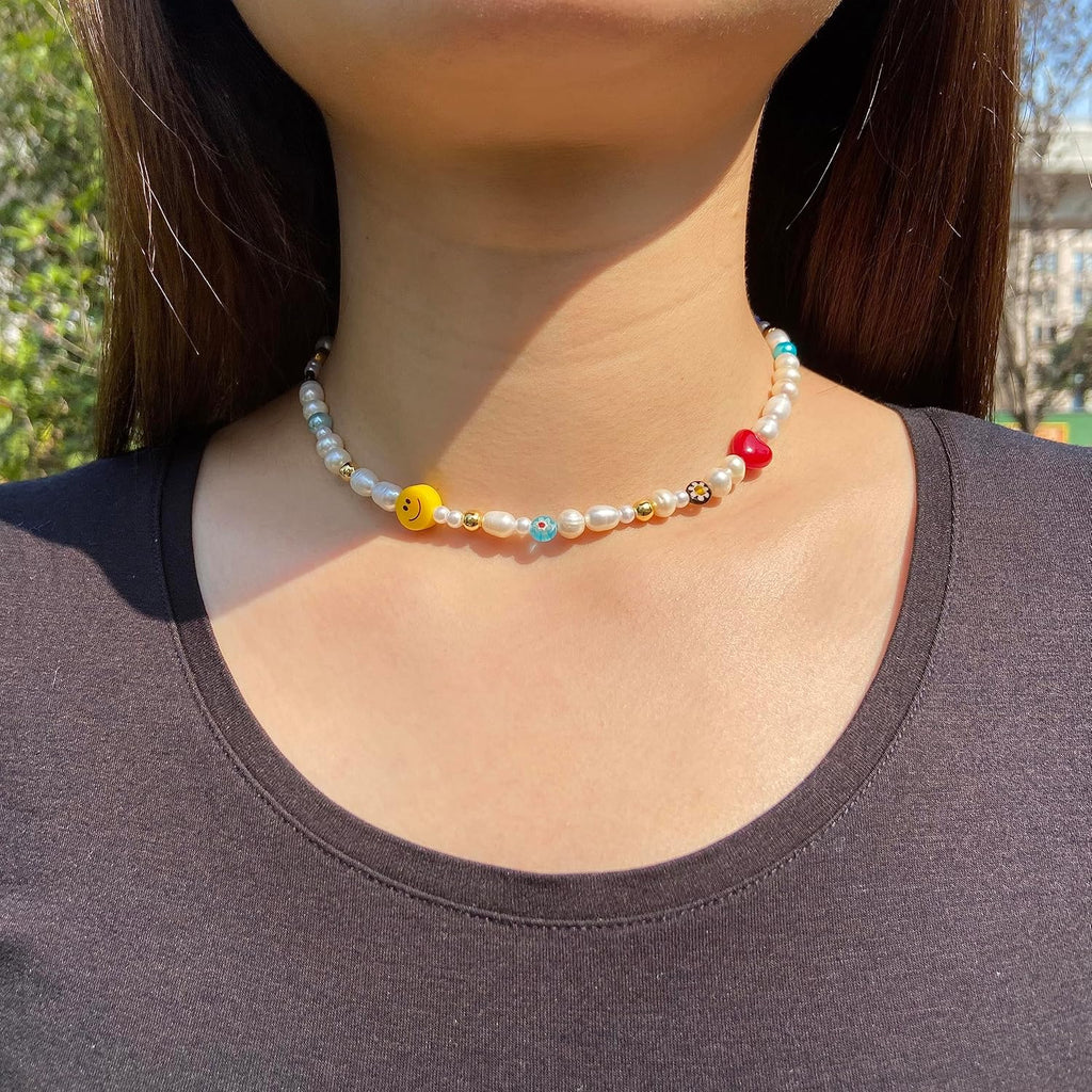 Natural Freshwater Pearl Fun Flirty Beaded Choker Necklace Handmade Summer Boho Jewlery Gifts for Women Teen