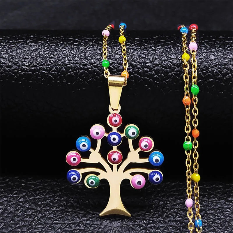 Bohemian Colorful Turkey Eyes Stainless Steel Tree of Life Chain Necklace Gold Color Necklaces Jewelry Arbre De Vie N5210S04
