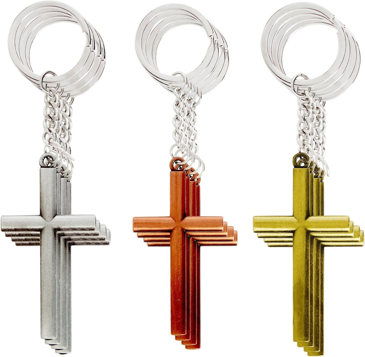 Cross Keychain Set - Bulk Metal Cross Keychain Party Favors - Christian Gift Ideas - Small, Zinc Alloy, 12-Pack, Silver, Gold & Copper