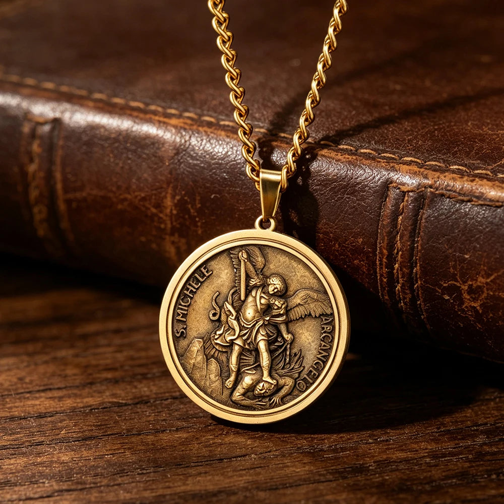 St. Michael Archangel Necklace Vintage Embossed Brass Medal Necklace Catholic Protection Amulet Men Religious Pendant Jewelry