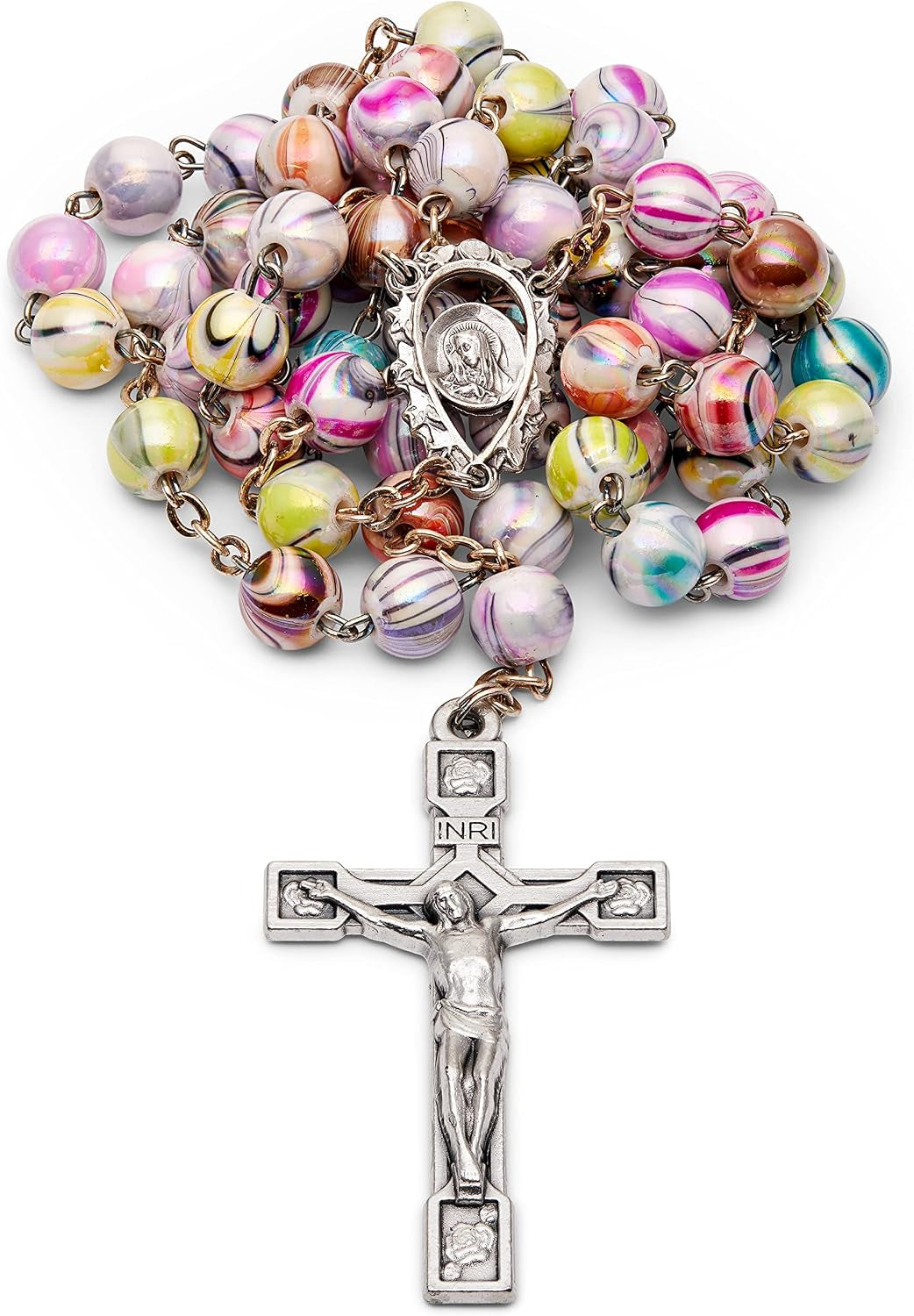Multicolor Catholic Rosary in 0,31" Arlecchino Beads with a Decorated Our Lady of Sorrow Centerpiece.