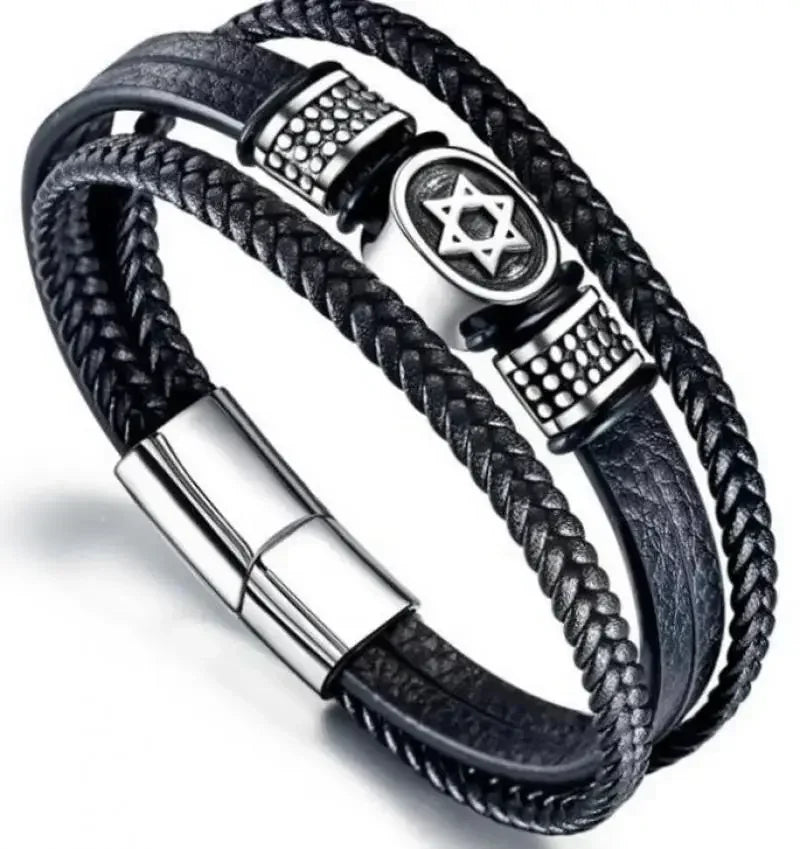 Fashion Star of David Multilayer Leather Braided Bracelet with Magnetic Clasp Men\\\\\\\'S Vintage Judaica Amulet Jewelry