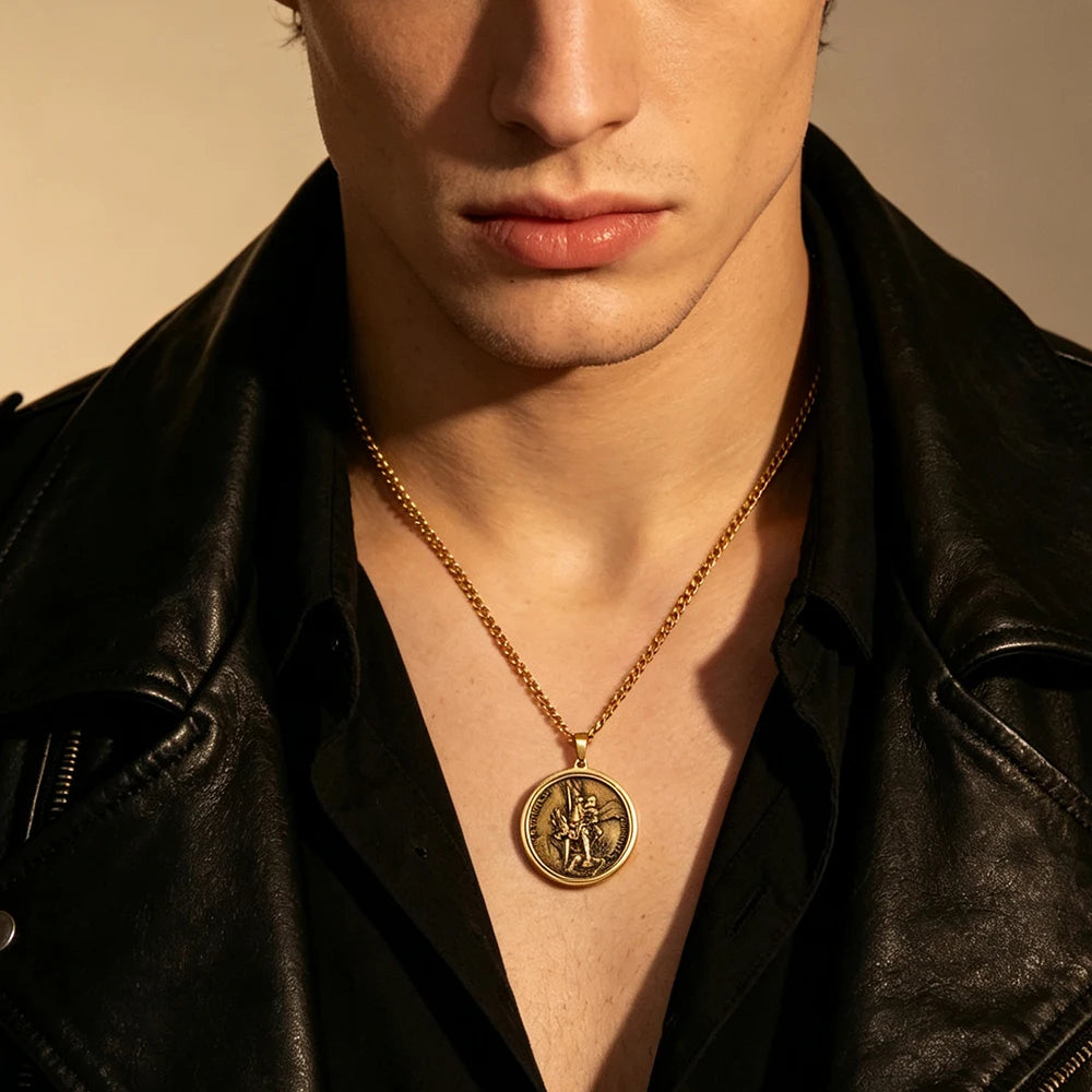 St. Michael Archangel Necklace Vintage Embossed Brass Medal Necklace Catholic Protection Amulet Men Religious Pendant Jewelry