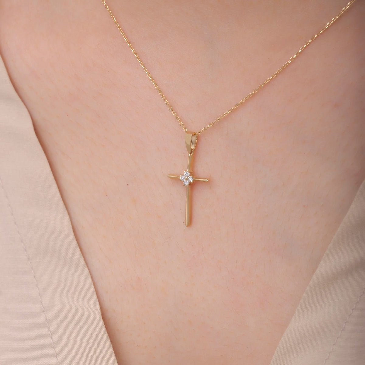 14K Solid Gold Diamond Cross Necklace: Religious Baptism Gift
