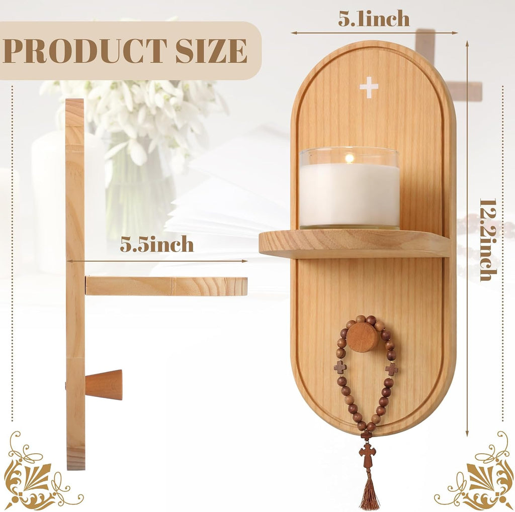 Wooden Christian Rosary Prayer Shelf with Candle Holder Catholic