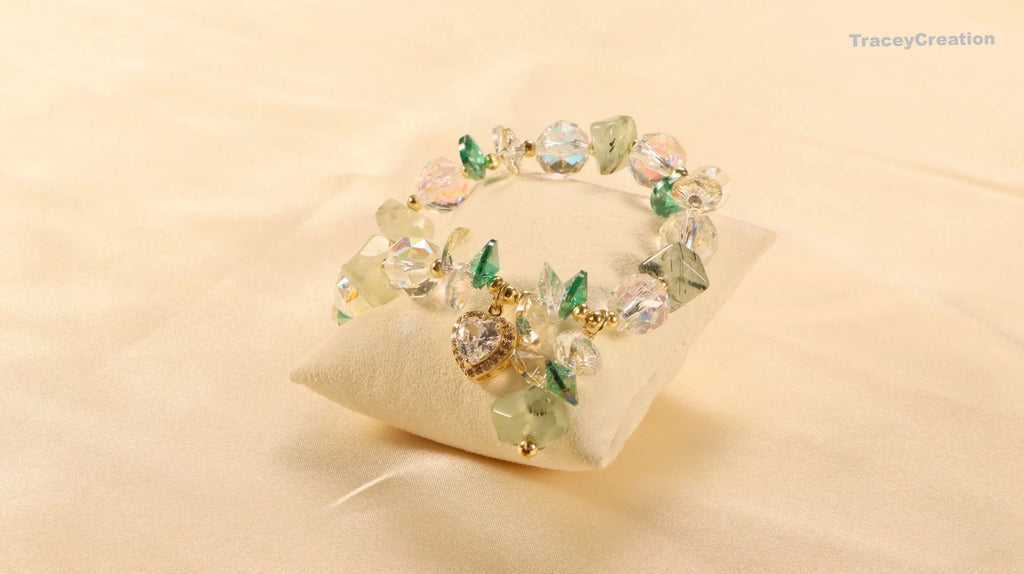 Prehnite Crystal Bracelet with Zircon Heart: Gemstone Meditation Jewelry
