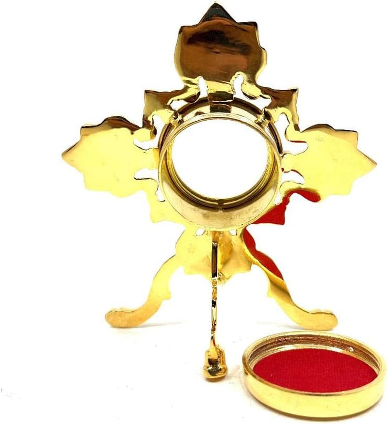Solid Brass Reliquary - 24 Carat Gold-Plated Catholic Monstrance Cross Decor Stand with Red Center - My Catholic Faith Sacred Gift for Altar or Devout Collectors