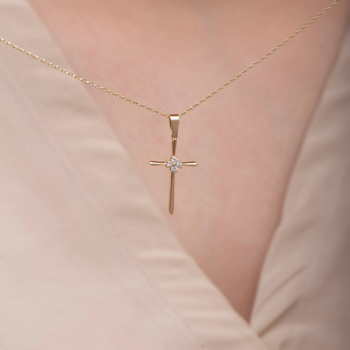 14K Solid Gold Diamond Cross Necklace: Religious Baptism Gift