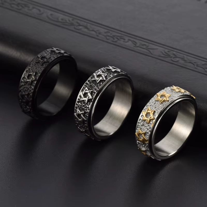 8Mm Vintage Star of David Spinner Ring Hexagram Jewish Six Pointed Rotable Fidget Stainless Steel Rings Relieve Stress Men Women