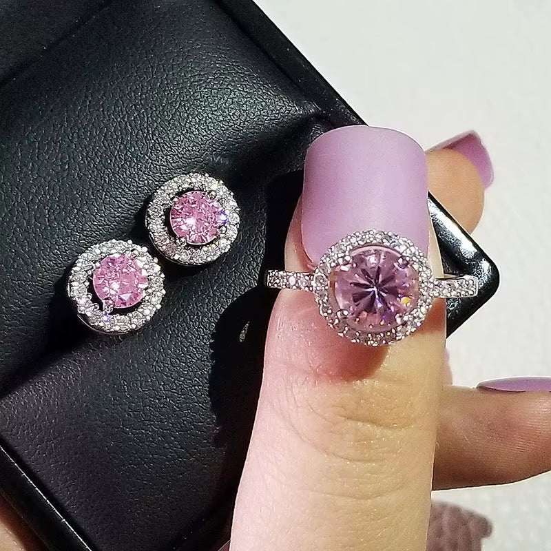 India Turkish Luxury Fashion Pink Blue Silver Color Jewelry Set for Wedding Women Dubai Ring Earring Party Gift Jewlery Z8