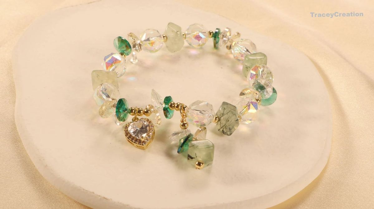 Prehnite Crystal Bracelet with Zircon Heart: Gemstone Meditation Jewelry