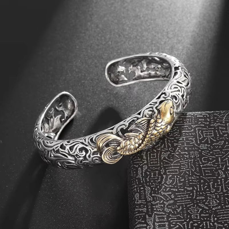 Retro Punk Koi Fish Engraved Pattern Bracelet Suitable for Men and Women Good Luck Trendy Open Bracelet Jewelry Gift
