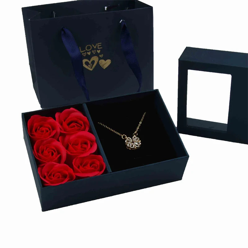 Necklace Earrings Jewelry Suit Four Leaf Clover Jewlery for Party Wedding Eternal Life Flower Gift Box