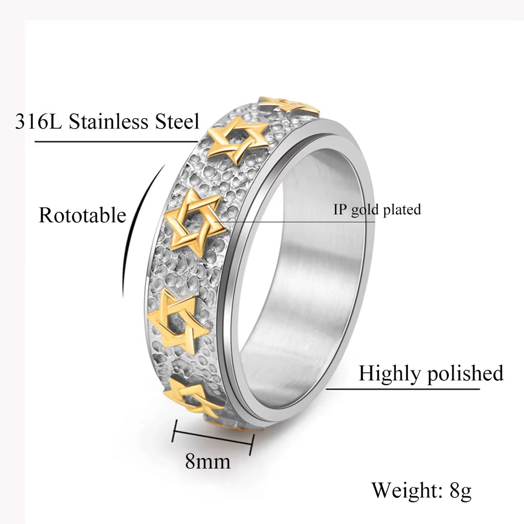 8Mm Vintage Star of David Spinner Ring Hexagram Jewish Six Pointed Rotable Fidget Stainless Steel Rings Relieve Stress Men Women