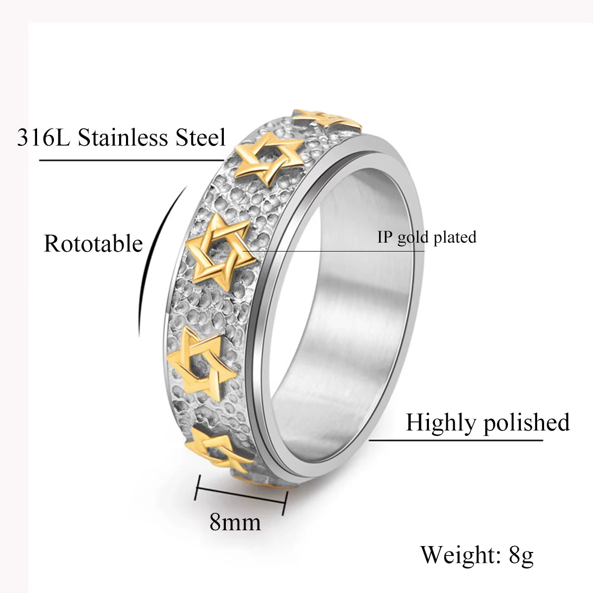 8Mm Vintage Star of David Spinner Ring Hexagram Jewish Six Pointed Rotable Fidget Stainless Steel Rings Relieve Stress Men Women