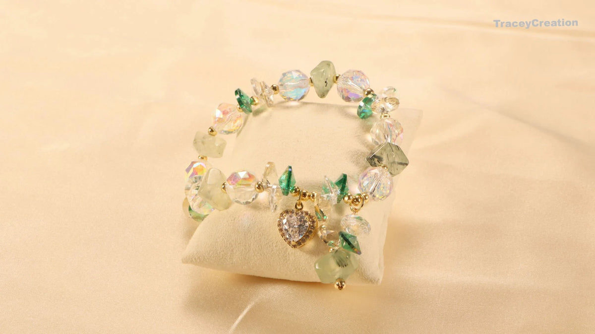 Prehnite Crystal Bracelet with Zircon Heart: Gemstone Meditation Jewelry