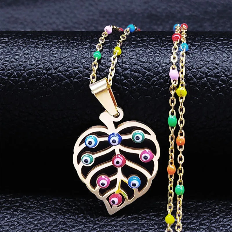 Bohemian Colorful Turkey Eyes Stainless Steel Tree of Life Chain Necklace Gold Color Necklaces Jewelry Arbre De Vie N5210S04