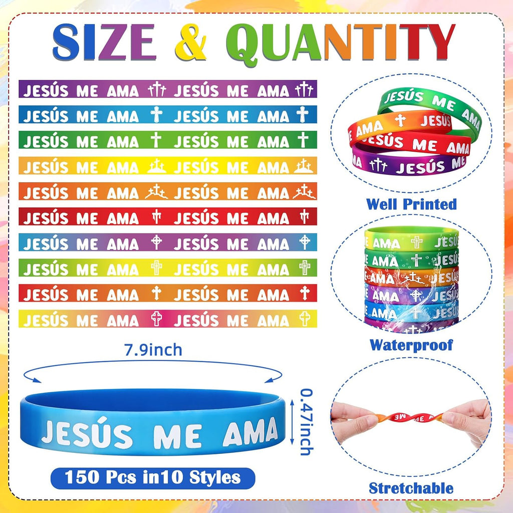 50 Pcs Jesus Me Ama Spanish Rainbow Wristbands 10 Cross Styles