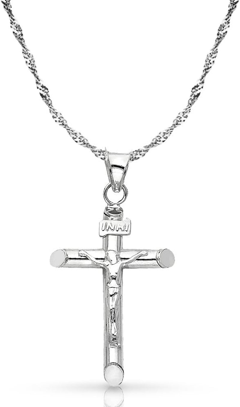 14K White Gold Crucifix Cross Pendant with 1.2Mm Singapore Chain Chain Necklace