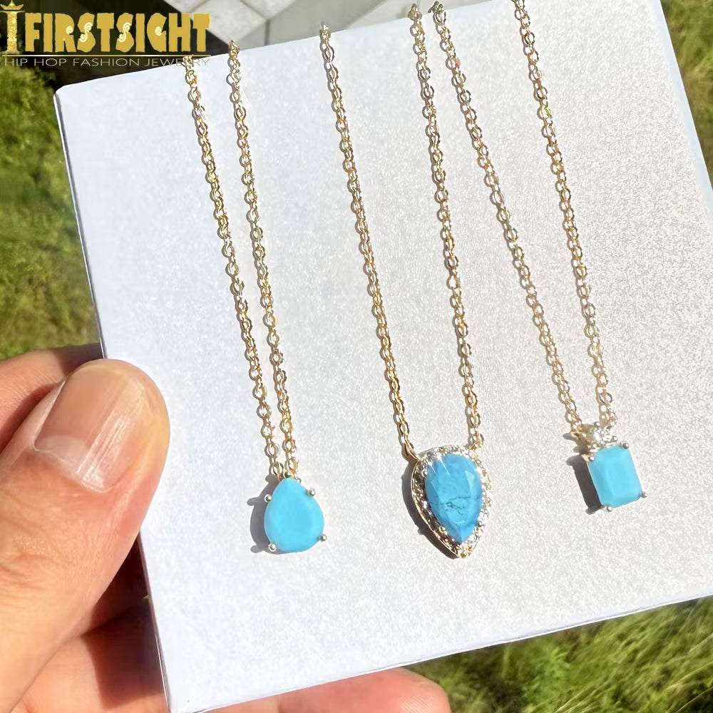 High Quality Geometric Fashion Jewelry Water Drop Shaped Turquoises Stone Delicate Necklace Gold Color Fashion Jewlery