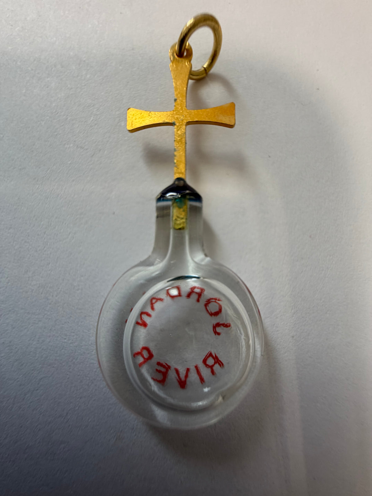 Jordan River Mini Bottle Pendant with Golden Cross – Christian Holy Land Keepsake