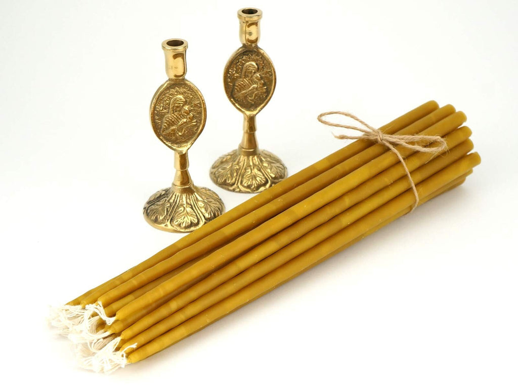 Set of 2 Theotokos Design Brass Candle Holders and 20 Pcs 100% Pure Beeswax Candles | Gift Pack | Prayer Corner | Home Altar | Baptism Gift