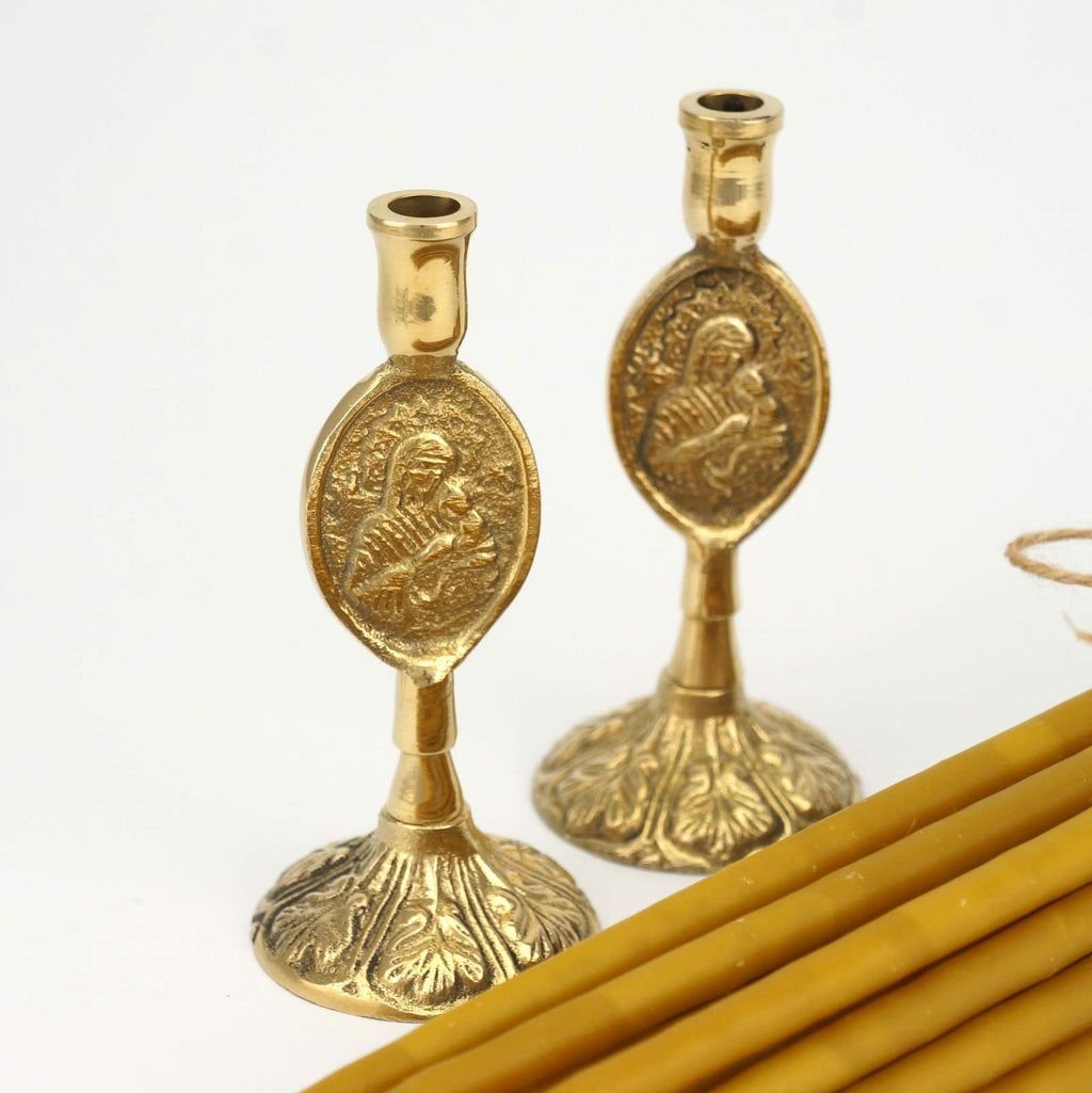 Set of 2 Theotokos Design Brass Candle Holders and 20 Pcs 100% Pure Beeswax Candles | Gift Pack | Prayer Corner | Home Altar | Baptism Gift