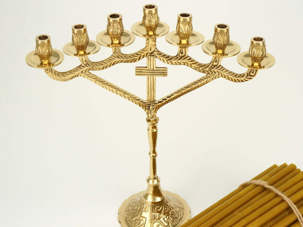 Orthodox Brass Candelabra Seven-Candle Christian Candlestick + 100 Pcs Pure Beeswax Church Candles | Gift Pack