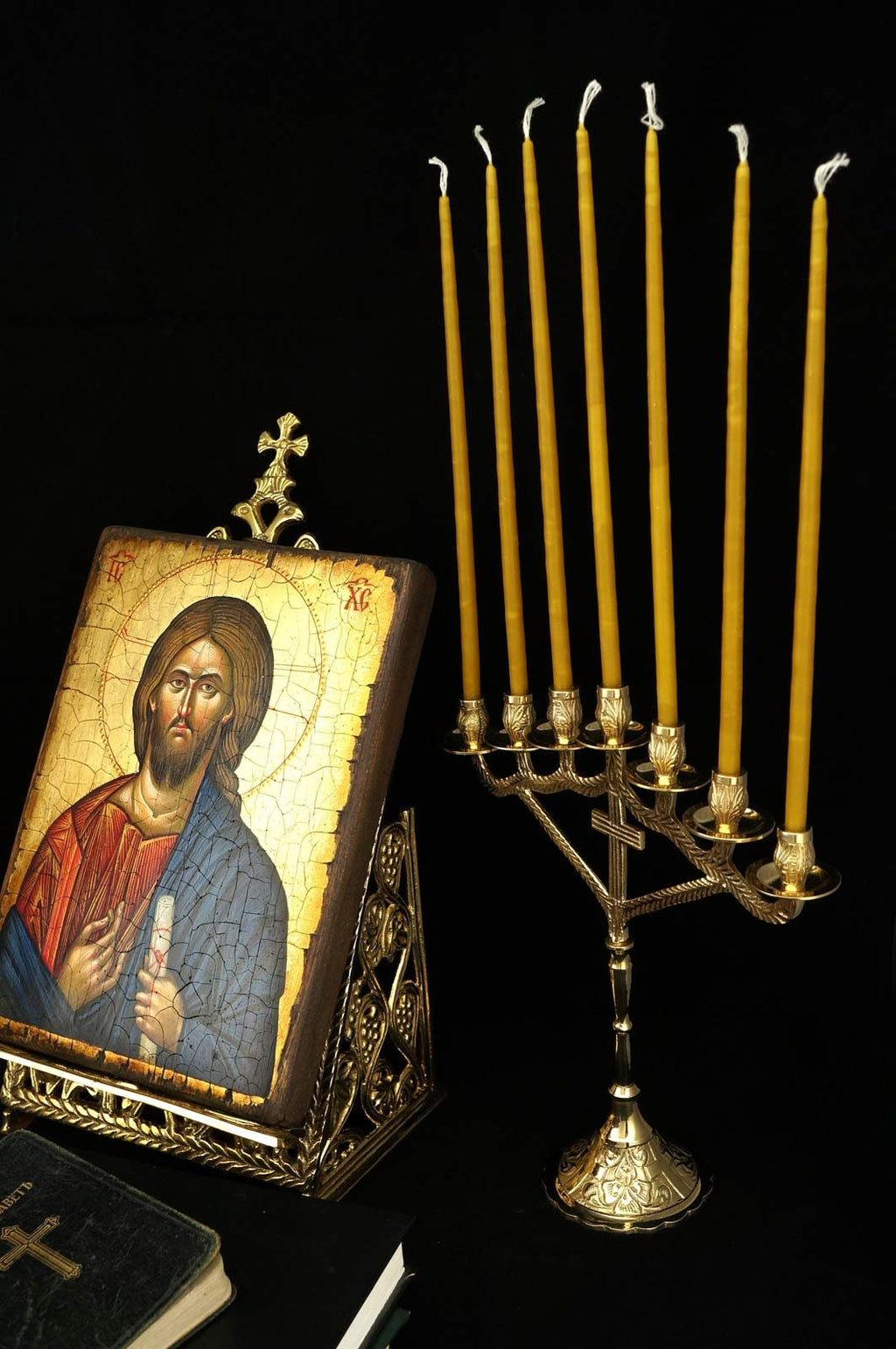 Orthodox Brass Candelabra Seven-Candle Christian Candlestick + 100 Pcs Pure Beeswax Church Candles | Gift Pack