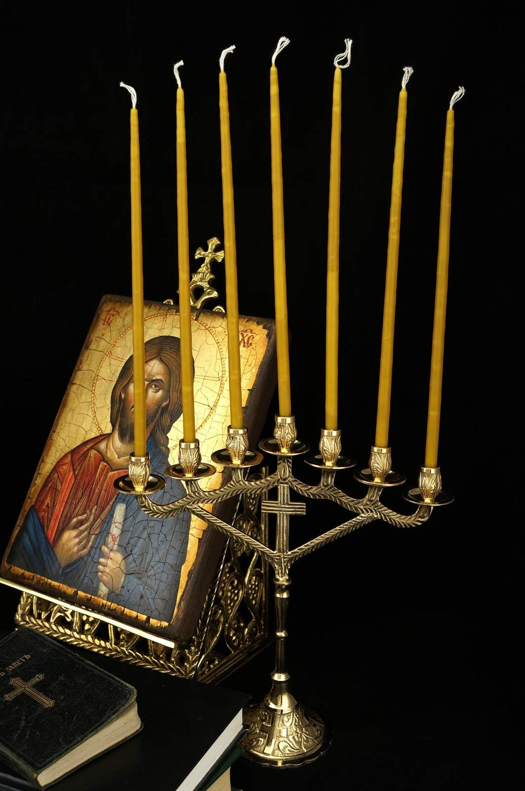 Orthodox Brass Candelabra Seven-Candle Christian Candlestick + 100 Pcs Pure Beeswax Church Candles | Gift Pack