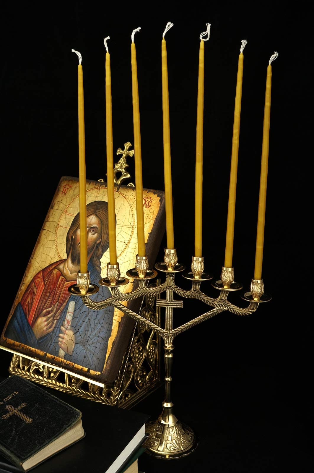 Orthodox Brass Candelabra Seven-Candle Christian Candlestick + 100 Pcs Pure Beeswax Church Candles | Gift Pack