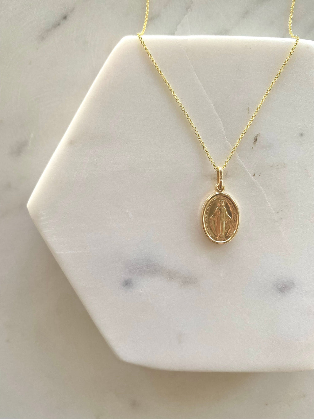 14K Gold Virgin Mary Oval Pendant Necklace, Religious Jewelry
