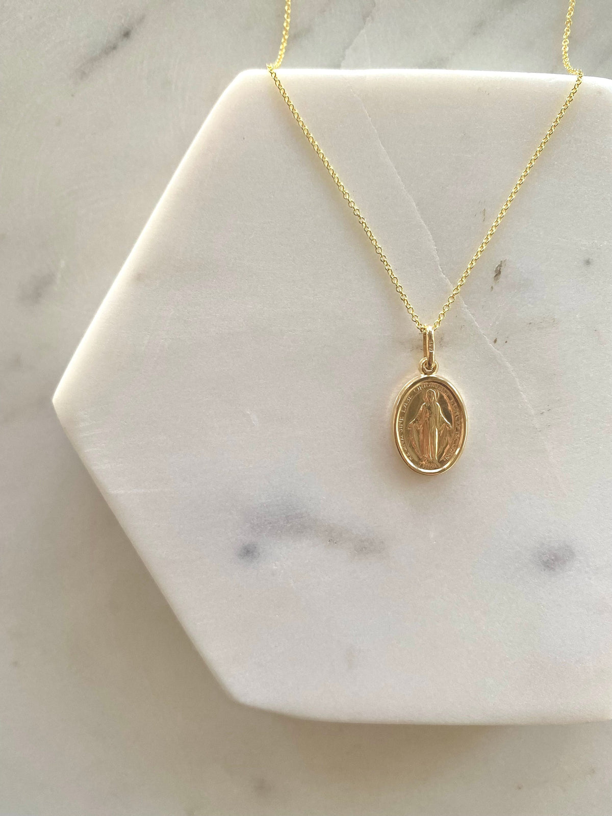 14K Gold Virgin Mary Oval Pendant Necklace, Religious Jewelry