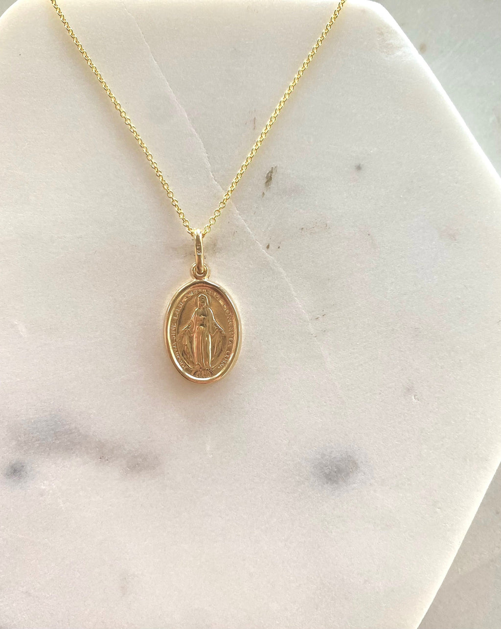 14K Gold Virgin Mary Oval Pendant Necklace, Religious Jewelry